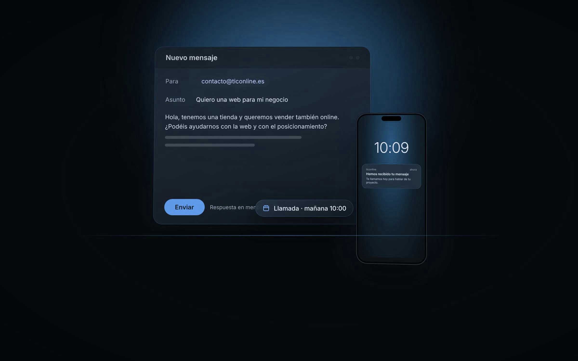 Mensaje de contacto escrito y notificación de respuesta en un móvil